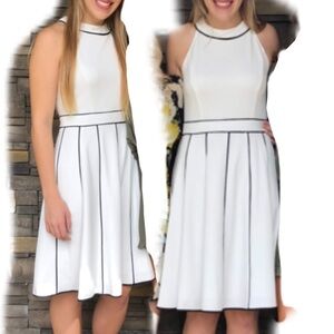Tommy Hilfiger high neck, sleeveless, midi, white dress with black trim, size S